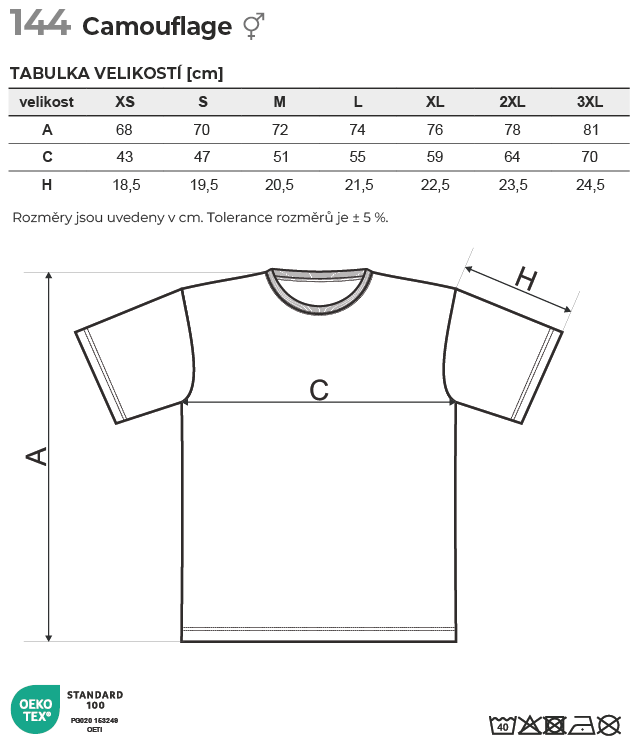 144 Camouflage tričko unisex Tabulka velikostí